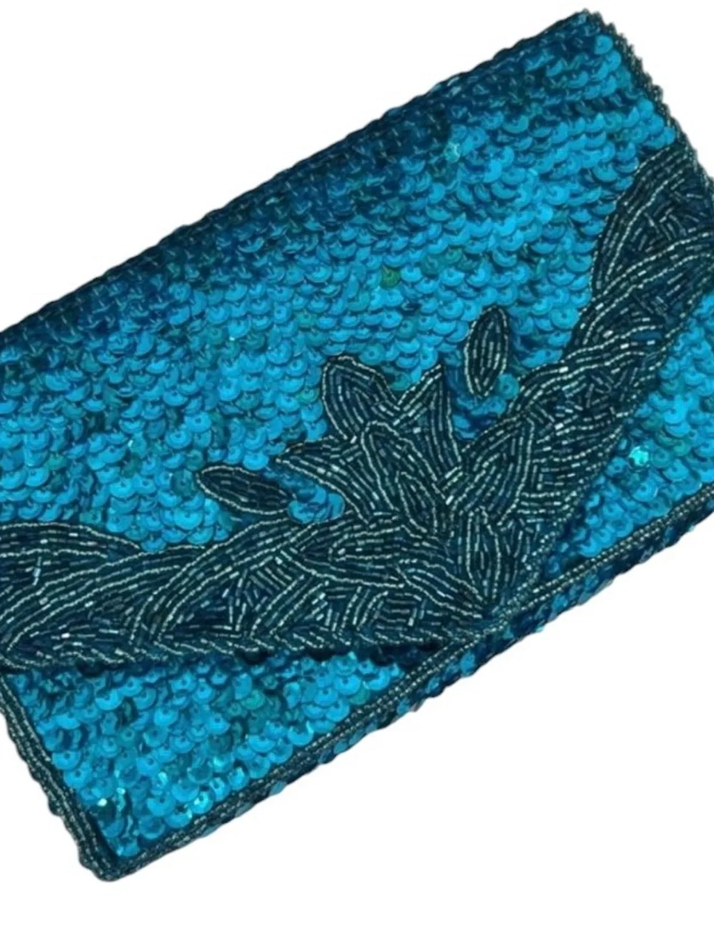 Vintage Teal Blue Sequin Beaded Envelope Clutch Crossbody Bag Floral Beadwork